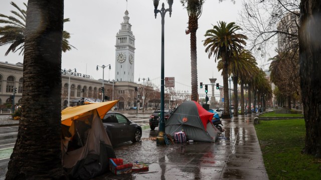 Article thumbnail: SAN FRANCISCO, CA - JANUARY 11: Homeless tents are seen along Embarcadero Street during heavy rain in San Francisco on January 11, 2023 as atmospheric river storms hit California, United States. (Photo by Tayfun Coskun/Anadolu Agency via Getty Images)