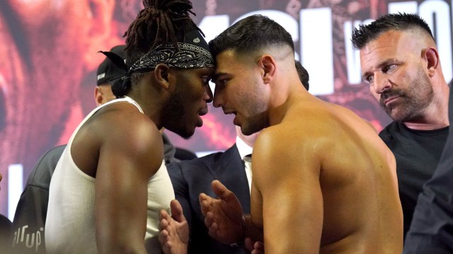 Article thumbnail: KSI and Tommy Fury head to head during a press conference at the OVO Arena Wembley, London. Picture date: Tuesday August 22, 2023. PA Photo. See PA story BOXING London. Photo credit should read: Jonathan Brady/PA Wire. RESTRICTIONS: Use subject to restrictions. Editorial use only, no commercial use without prior consent from rights holder.