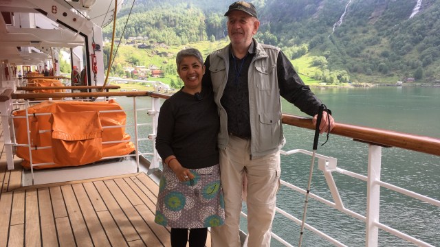 Article thumbnail: Lina Mookerjee , 54, is a psychotherapist based in Silloth on Solway, Cumbria. She had been married to her husband Richard for over 15 years when he lost both his sight and hearing May 2019 Image supplied by Lina Mookerjee