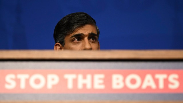Article thumbnail: Britain's Prime Minister Rishi Sunak holds a press conference, following the Supreme Court's Rwanda policy judgement, at Downing Street, London, Wednesday, Nov. 15, 2023. (Leon Neal, Pool Photo via AP)