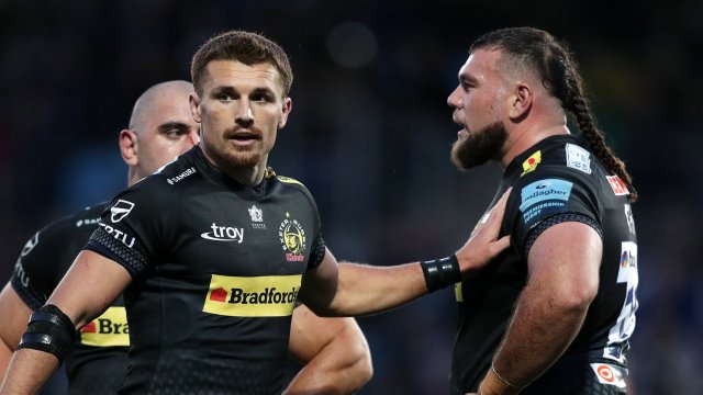 Article thumbnail: EXETER, ENGLAND - NOVEMBER 05: Henry Slade of Exeter Chiefs acknowledges Josh Iosefa-Scott after Exeter Chiefs win a penalty during the Gallagher Premiership Rugby match between Exeter Chiefs and Bristol Bears at Sandy Park on November 05, 2023 in Exeter, England. (Photo by Ryan Hiscott/Getty Images)